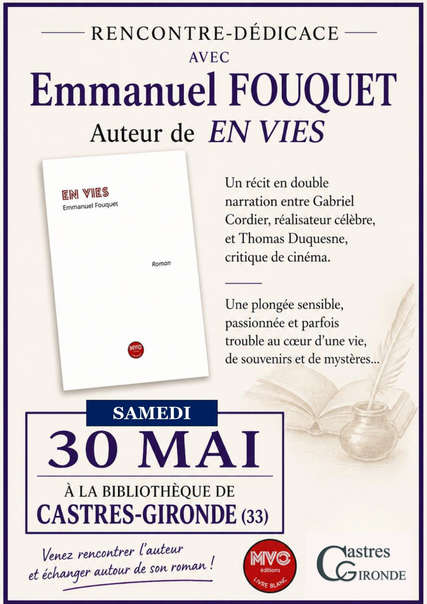 affiche séance dédicace Emmanuel Fouquet bibliothèque de Castres-Gironde